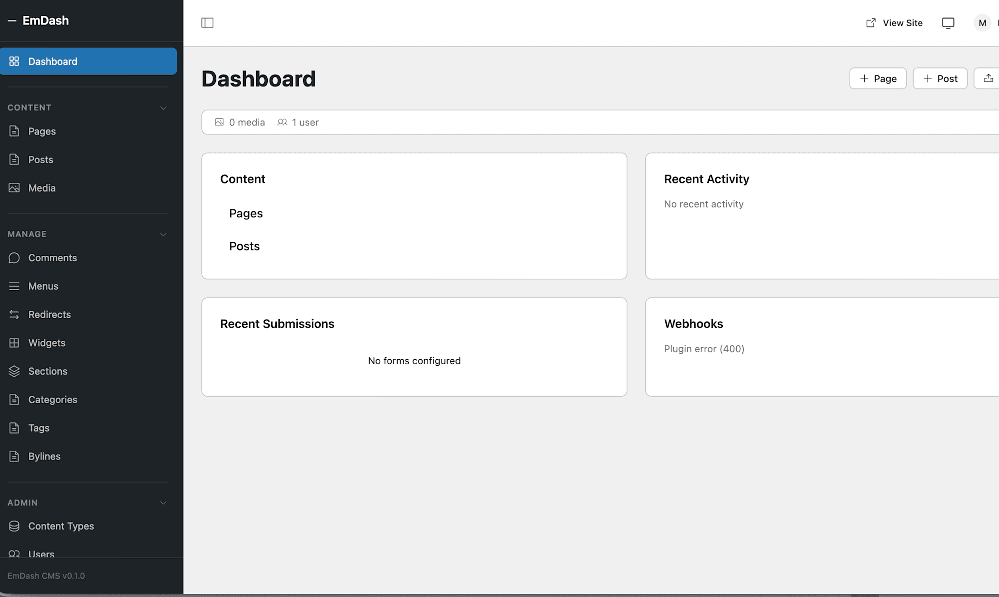 EmDash administrační dashboard