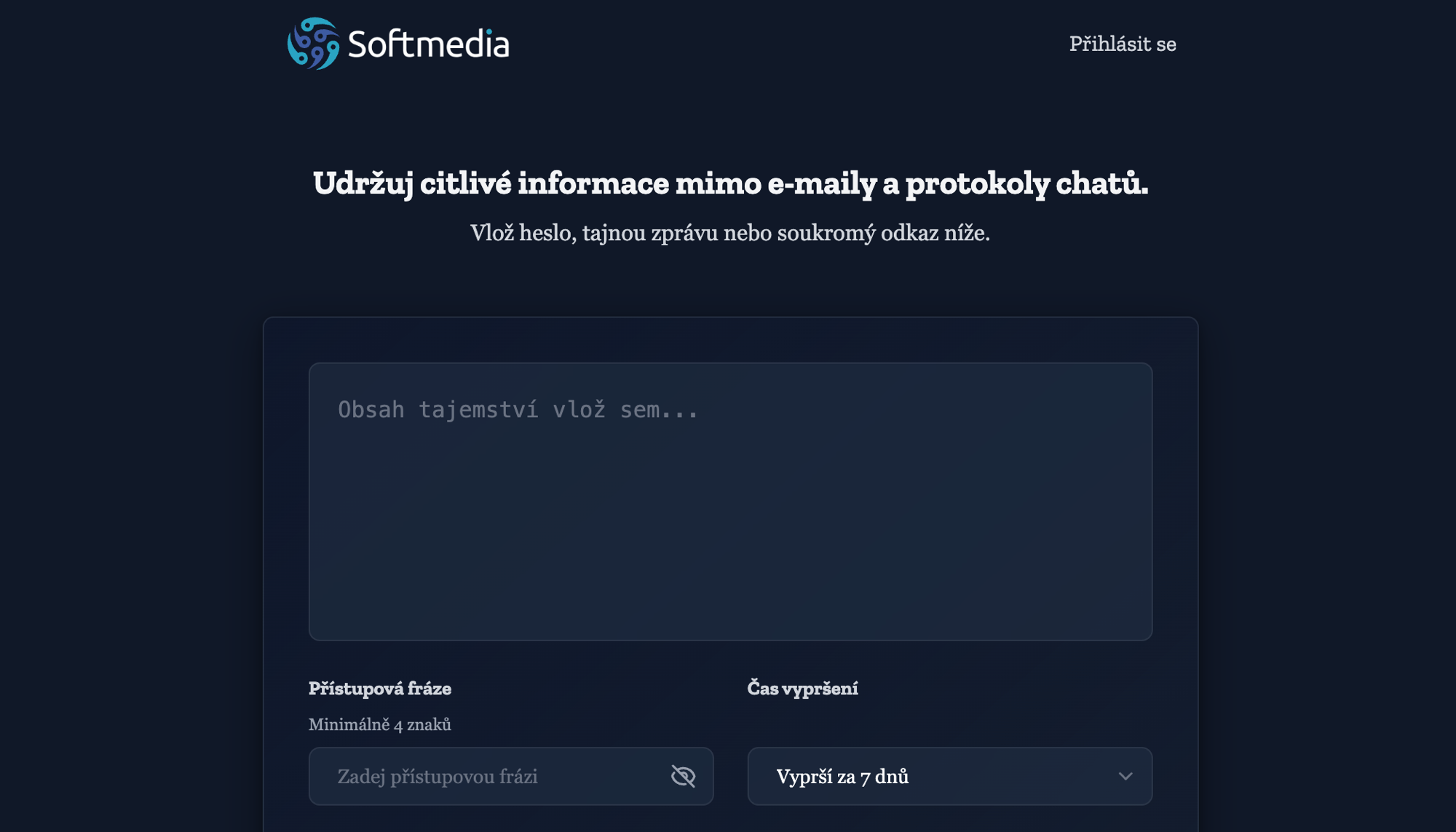 Aplikace one.softmedia.cz – vložení tajné zprávy, přístupová fráze a čas vypršení